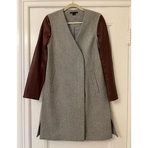 Theory Gray Wool & Brown Leather Coat - Sz S